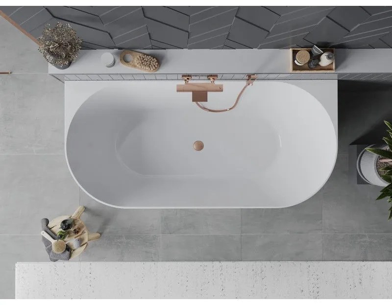 Mexen Oval Slim, voľne stojaca vaňa ku stene 170 x 80 cm, biela lesklá, medená matná prepad, 52661708000-65