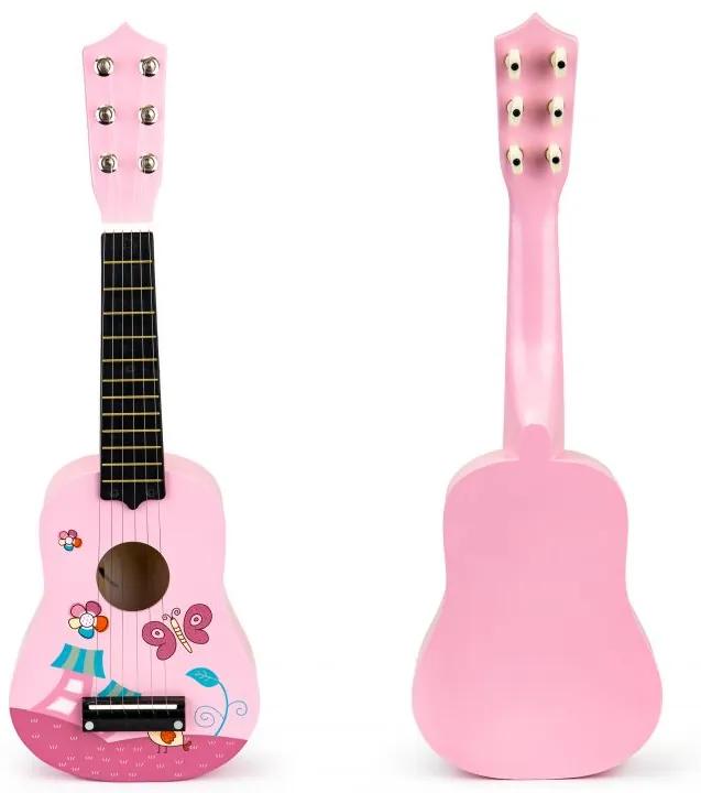 Detská drevená gitara s kovovými strunami | ružová