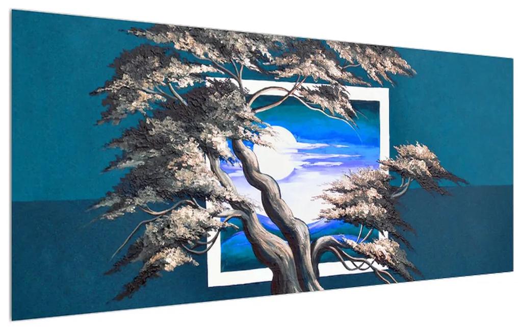 Modrý obraz stromu a východu slnka (120x50 cm)
