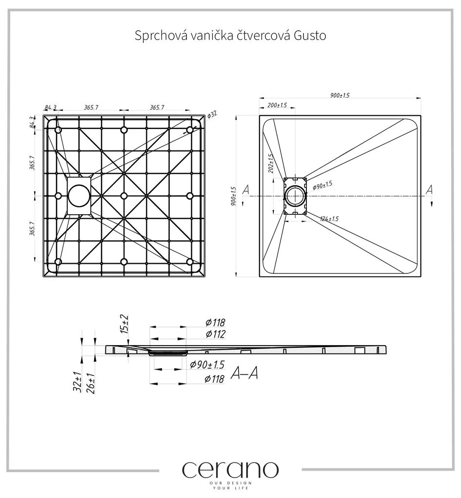 Cerano Gusto, štvorcová sprchová vanička 90x90x3 cm z minerálneho kompozitu, biela, CER-CER-414572