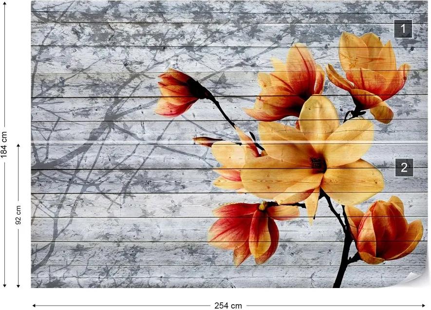 GLIX Fototapeta - Magnolia Flowers Farmhouse Chic Vintage Wood Plank Texture Blue Vliesová tapeta  - 254x184 cm