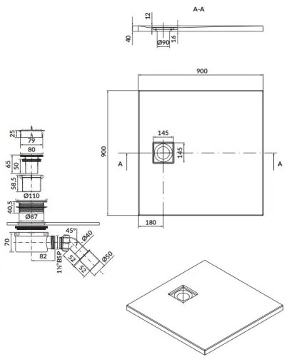 Cersanit Tako Slim, štvorcová akrylátová sprchová vanička 90x90x4 cm + čierny sifón, čierna, S932-166