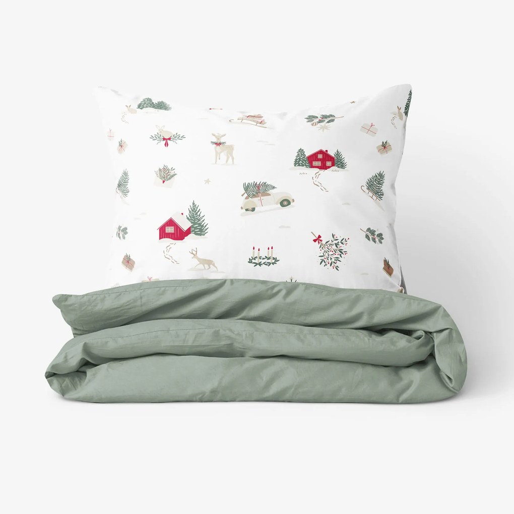Goldea vianočné bavlnené posteľné obliečky duo - tradičné vianoce so šalviovo zelenou 240 x 220 a 2ks 70 x 90 cm
