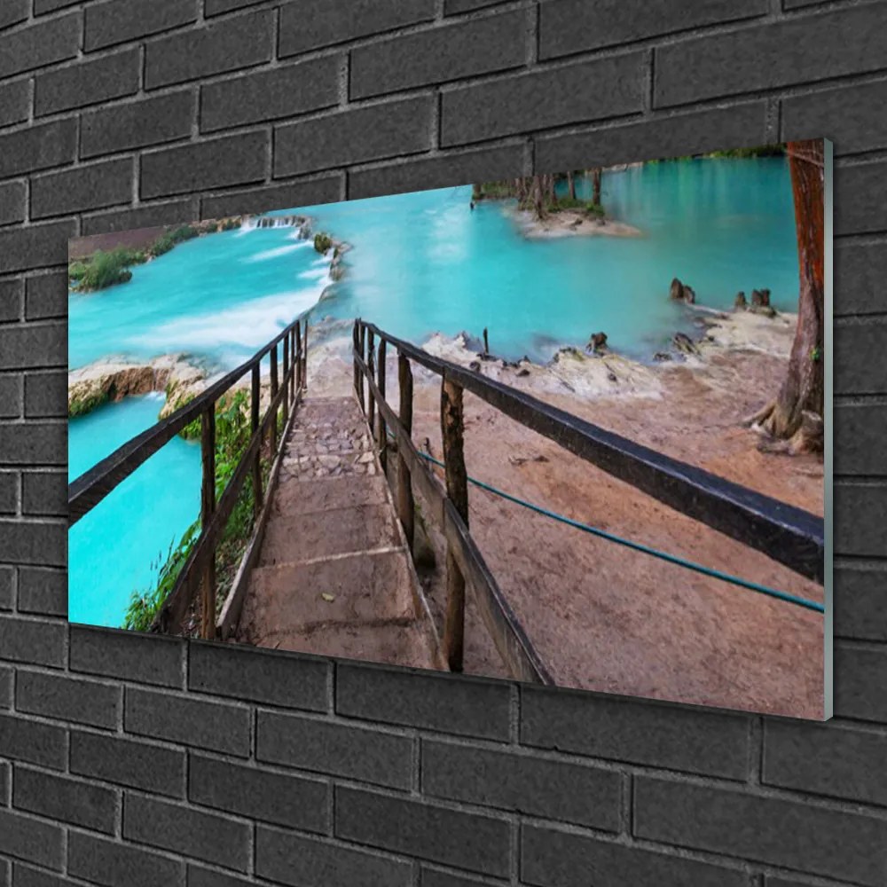 Skleneny obraz Schody jazero architektúra 100x50 cm