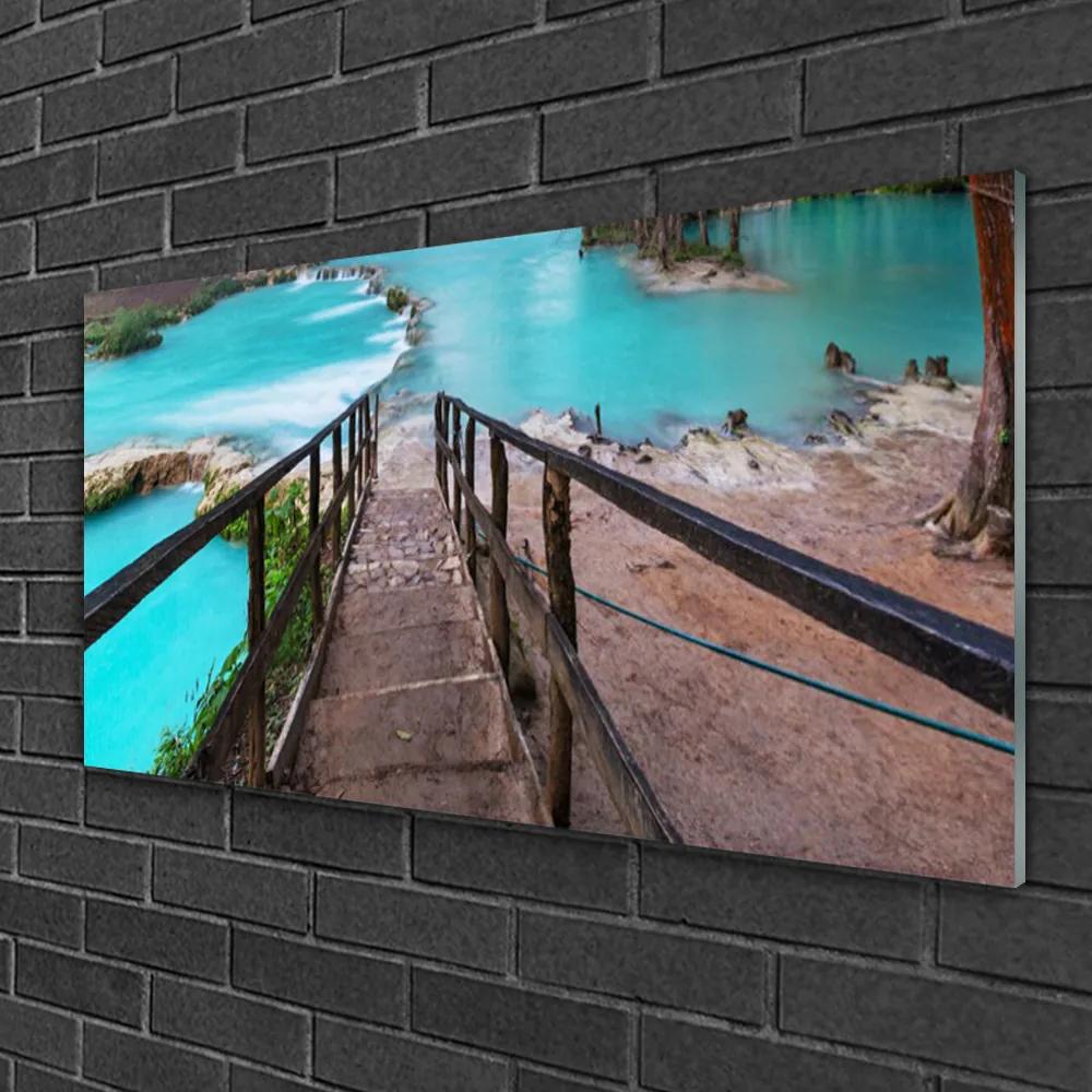 Skleneny obraz Schody jazero architektúra 125x50 cm