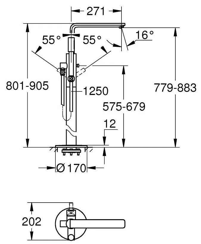 GROHE Lineare - Páková vaňová batéria, montáž do podlahy, kartáčovaný Hard Graphite 23792AL1