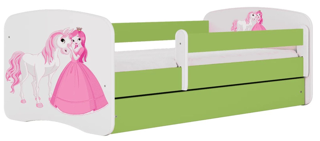 Letoss Detská posteľ BABY DREAMS 140/70- Princezná a koník Zelená S matracom S uložným priestorom