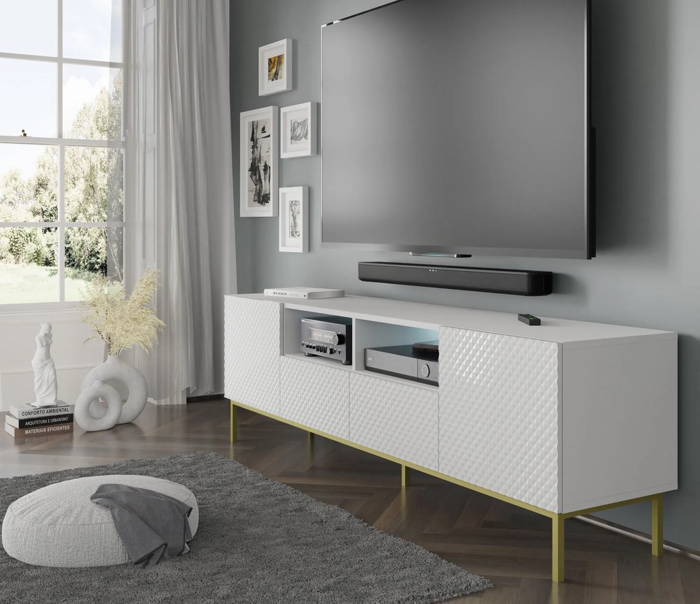 TV skrinka/stolík CCK 4D 200 Rowanna (biela lesklá + zlatá). Akcia -20%. Vlastná spoľahlivá doprava až k Vám domov. 1125062