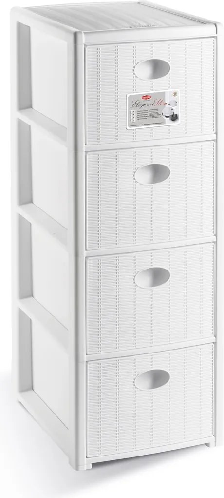 STEFANPLAST Plastový úložný regál Elegance Slim, 4 zásuvky, biely