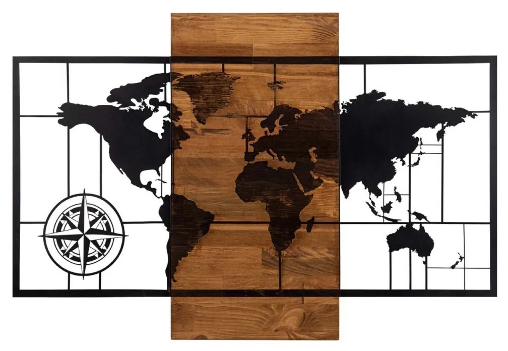 Nástenná drevená dekorácia SVETOVÁ MAPA II hnedá/čierna