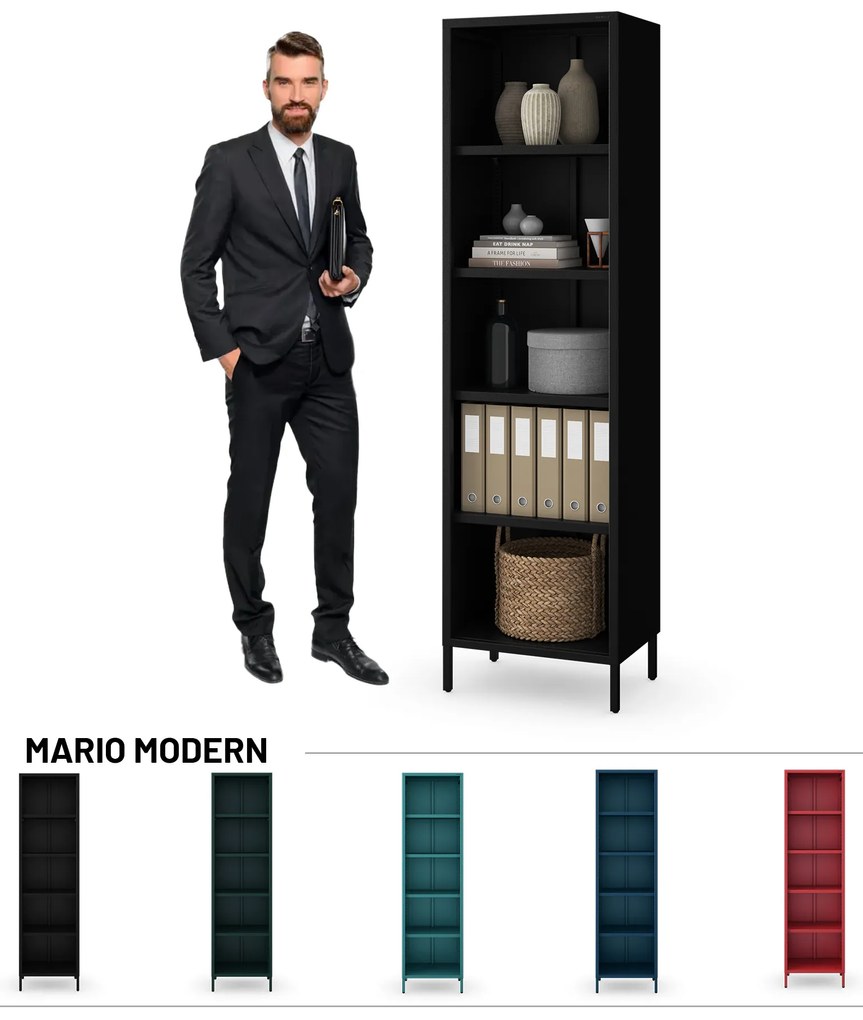 Čierny kovový regál na knihy MARIO Modern 500 x 1800 x 350 mm