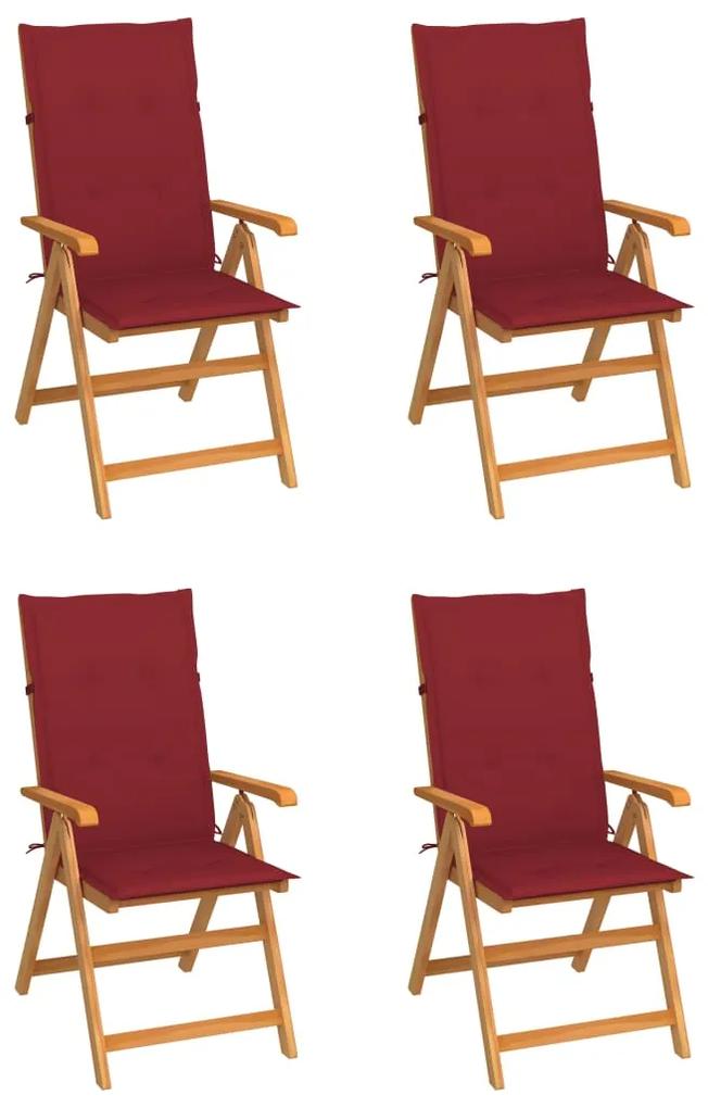 Záhradné stoličky 4 ks s vínovočervenými podložkami tíkový masív
