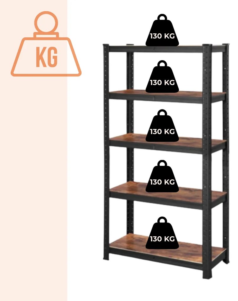 Policový regál DUSTY,5 políc, max 650kg, čierna/hnedá Jurhan