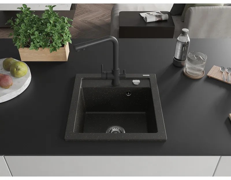 Mexen Vito, 1-komorový granitový drez 520x490x210 mm, čierna matná batéria Duero, čierna - zlatá metalíza, 6503-75-671600-70