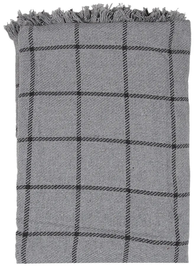Šedý bavlnený pléd so čiernymi pruhmi a strapcami - 125*150 cm