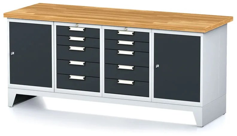 Alfa 3 Dielenský stôl MECHANIC I, 2 skrinky a 2x 5 zásuvkový box na náradie, 10 zásuviek, 2000x685x880 mm, antracitové dvere