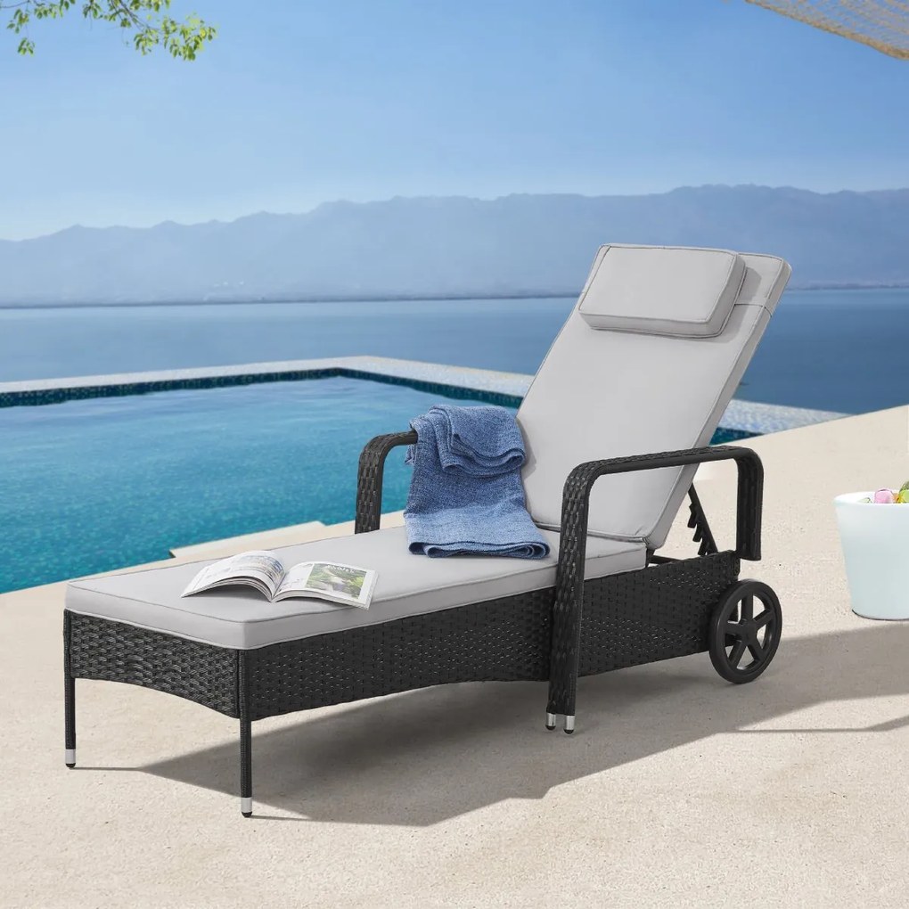 Polohovateľné ratanové lehátko BestBerg BBRF-1142BL / čierna/sivá