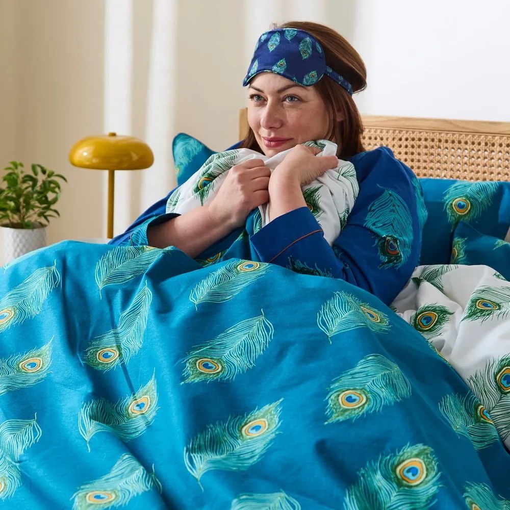 Biele/zelenomodré bavlnené obliečky na jednolôžko 135x200 cm Peacock Feather – Their Nibs