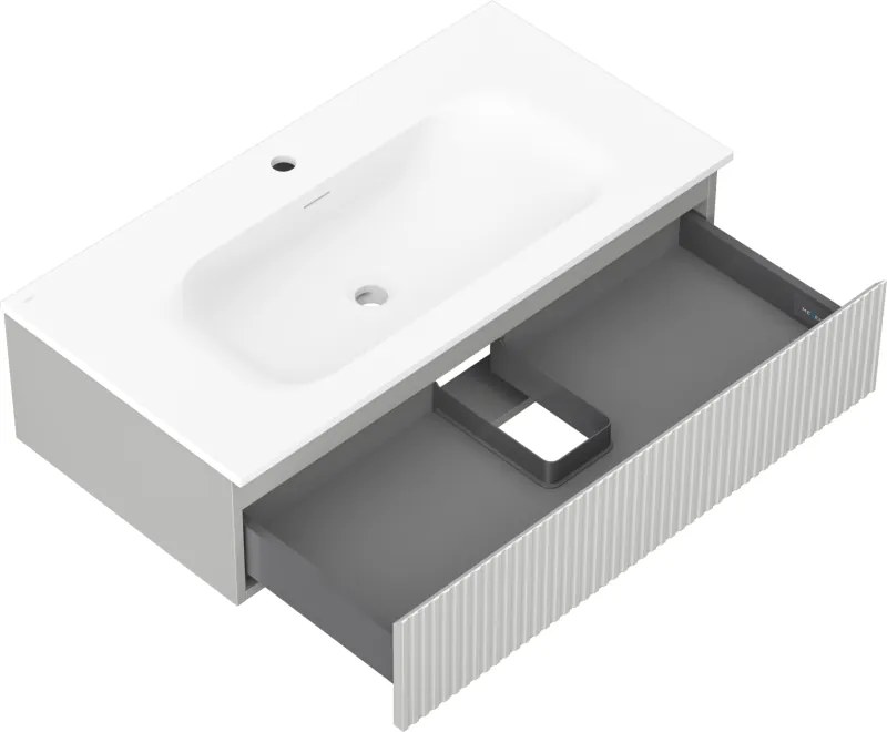 Mexen Rivel, kúpeľňová skrinka 90 cm s umývadlom Vela, 1 zásuvka, drážkovaná, šedá matná/biela matná, 91A20-09023-1-BF62-W23M01