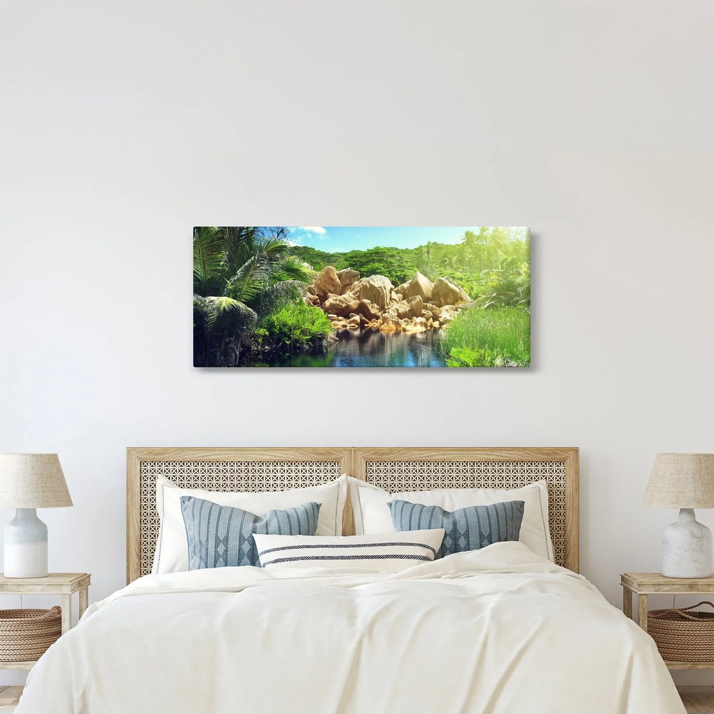 Obraz jazera v Seychelskej džungli (120x50 cm)