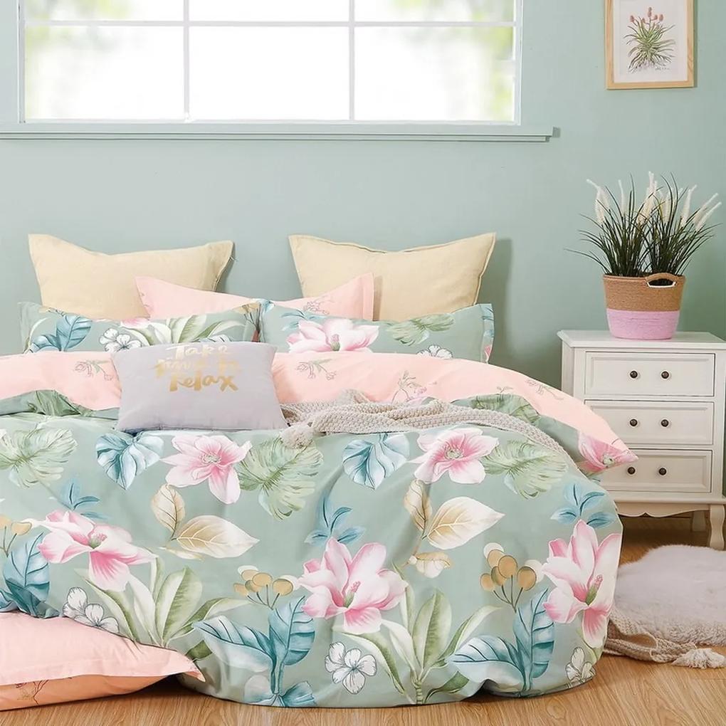 DomTextilu Originálne zelené obojstranné posteľné obliečky s motívom kvetov 4 časti: 1ks 200x220 + 2ks 70 cmx80 + plachta Zelená 38709-182060