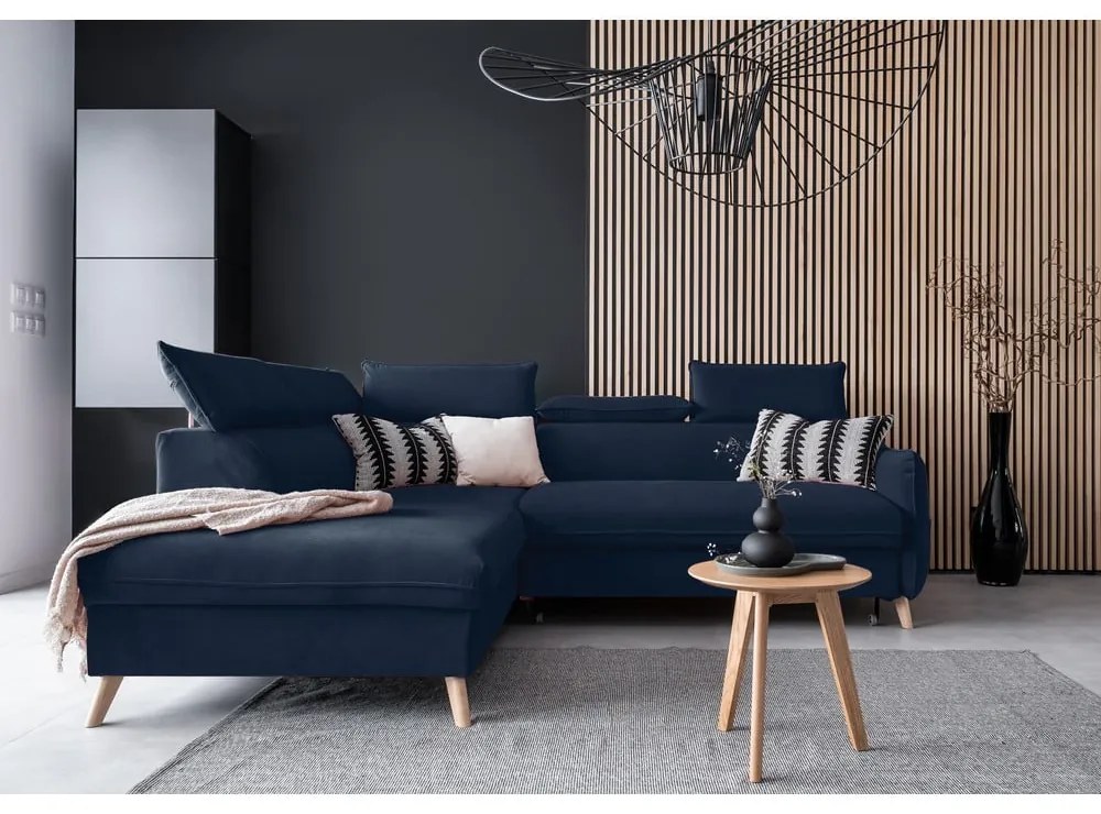 Tmavomodrá zamatová rozkladacia rohová pohovka (ľavý roh) Sweet Harmony – Miuform