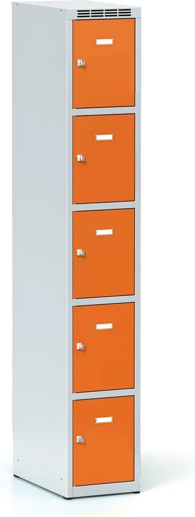 Šatníková skrinka S6 s úložnými boxami, 5 boxov, 1800 x 300 x 500 mm, otočný zámok, oranžové dvere