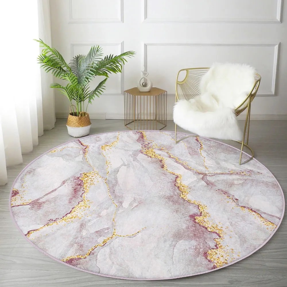 Svetloružový/v zlatej farbe prateľný okrúhly koberec ø 100 cm Marble – Mila Home