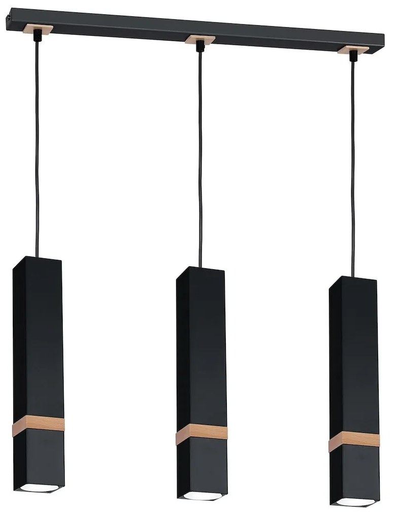 Závesné svietidlo Vidar, 3x drevené/čierne kovové tienidlo, b