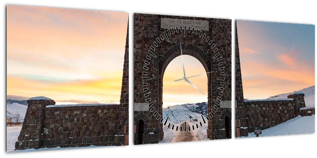 Obraz brány, Yellowstone (s hodinami) (90x30 cm)