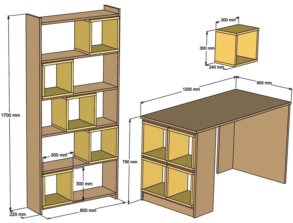 Písací stôl s knižnicou a policou Boxe orech/biela