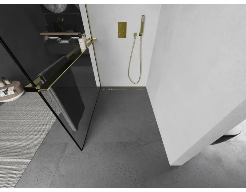 Mexen Kioto+ L, sprchová zástena Walk-In s poličkou a vešiakom 90 x 200 cm, 8mm číre sklo čierny vzor, zlatý lesklý profil,800-090-123-50-70