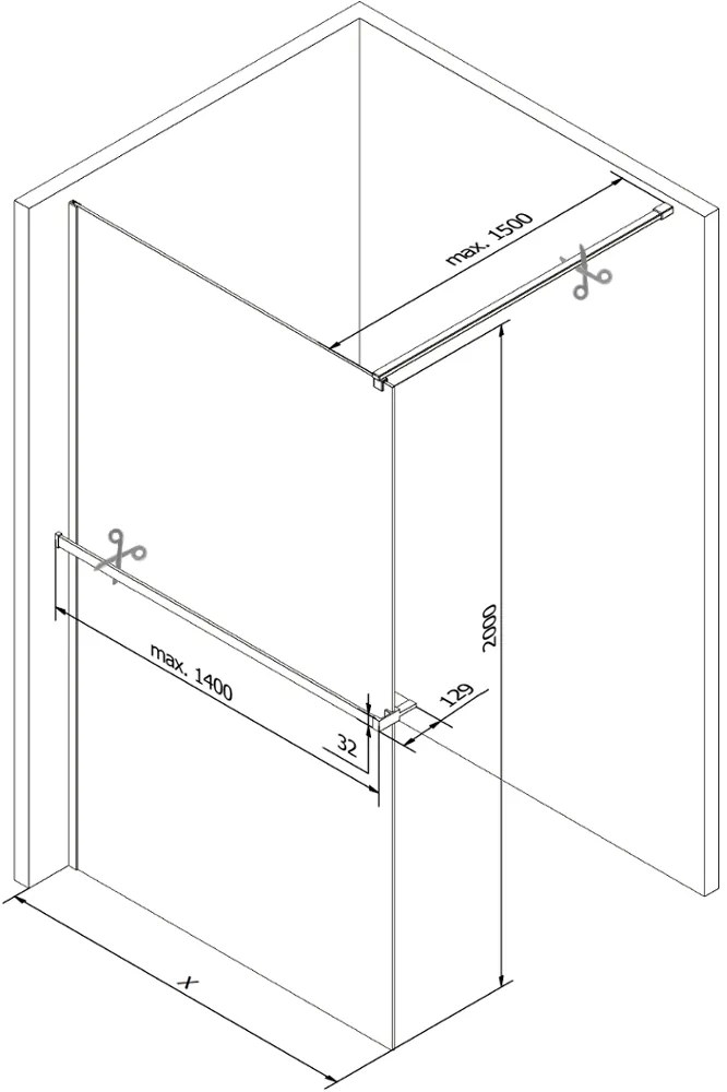 Mexen Kioto, sprchová zástena s poličkou a vešiakom na uteráky 100 x 200 cm, 8mm sklo s rebrovým vzorom, čierny profil, 800-100-121-70-09