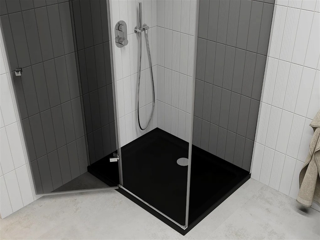 Mexen Roma, sprchovací kút s 1-krídlovými dverami 90 (dvere) x 120 (stena) cm, 6mm šedé sklo, chrómový profil, slim sprchová vanička 5cm čierna, 854-090-100-01-40-4070