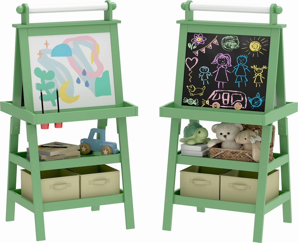 AIYPLAY Detský stojan 3 v 1 Magnetická obojstranná detská tabuľa s papierovým rolom a úložnými košmi 59x48x118 cm Zelená | Aosom