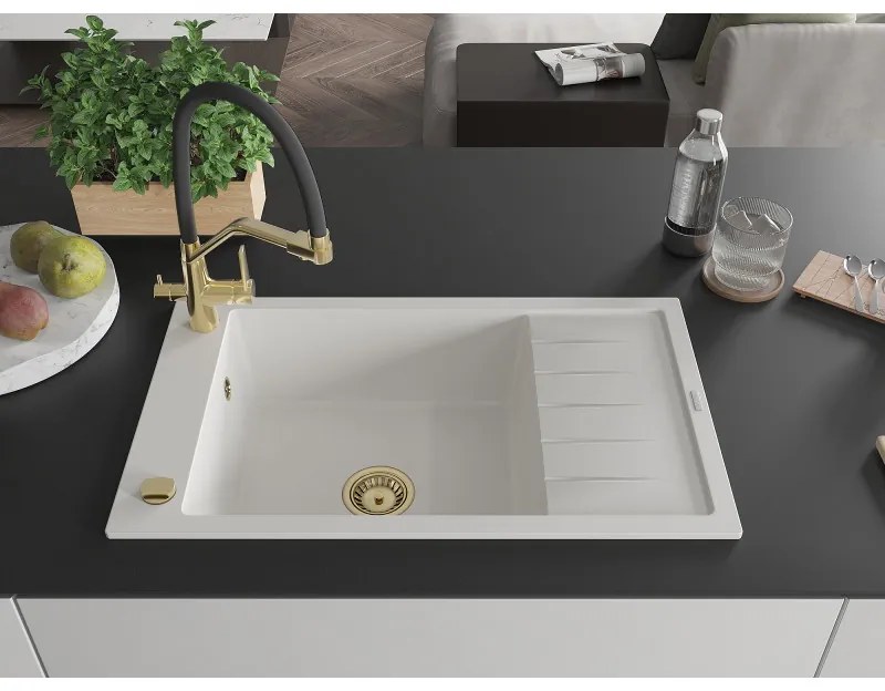 Mexen Elias, 1-komorový granitový drez 795x480x200 mm a drezová batéria Duo, biela, 6511-20-671701-57-G