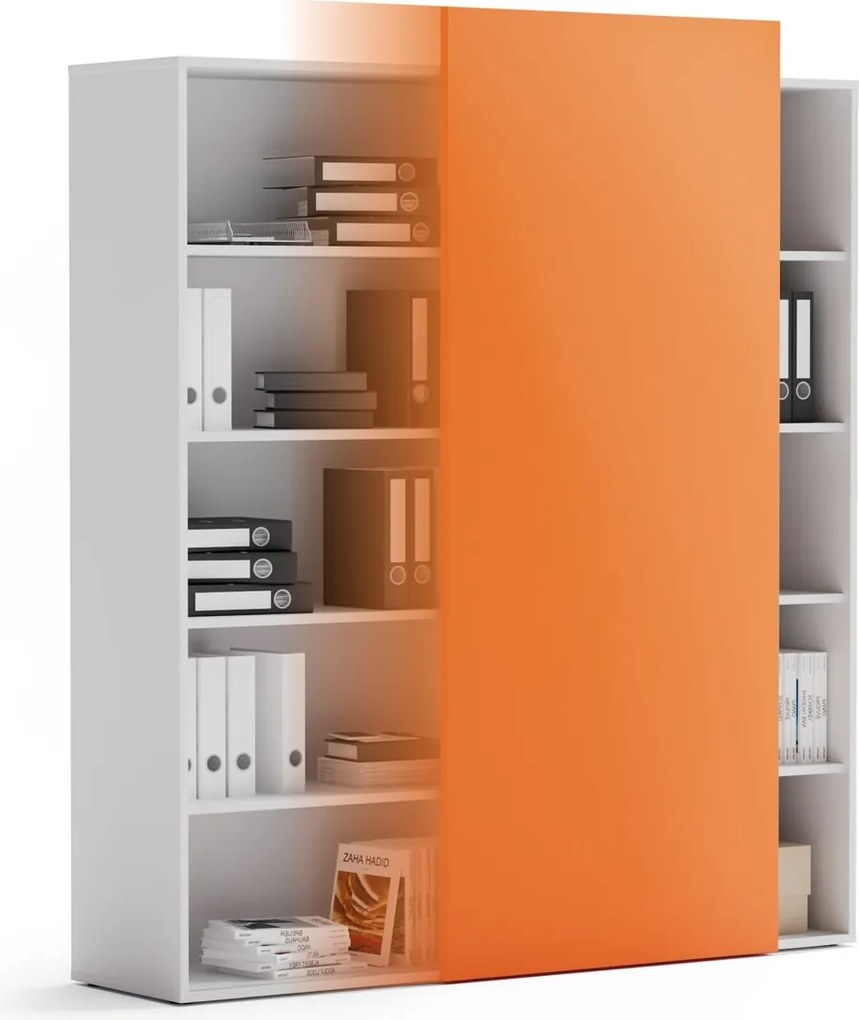 Kancelársky regál s posuvným panelom BLOCK, 1600 × 400 × 1748 mm, oranžová