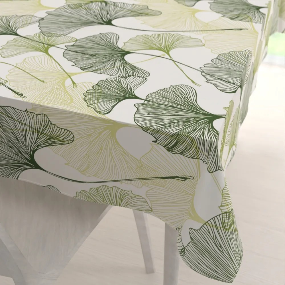 Biante Bavlnený obdĺžnikový obrus Sandra SA-576 Zelené Ginkgo listy na bielom 120x180 cm