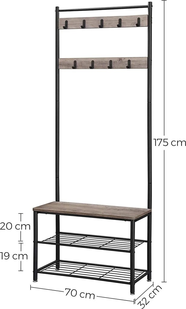 Vešiakový stojan na kabáty s lavicou na topánky, predsieňová stena, greige