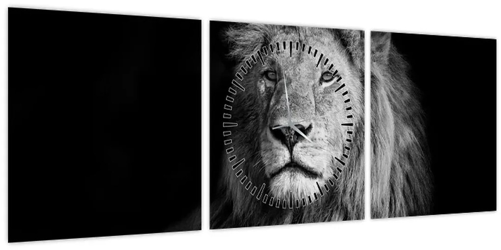 Obraz - Lev, čiernobiela (s hodinami) (90x30 cm)