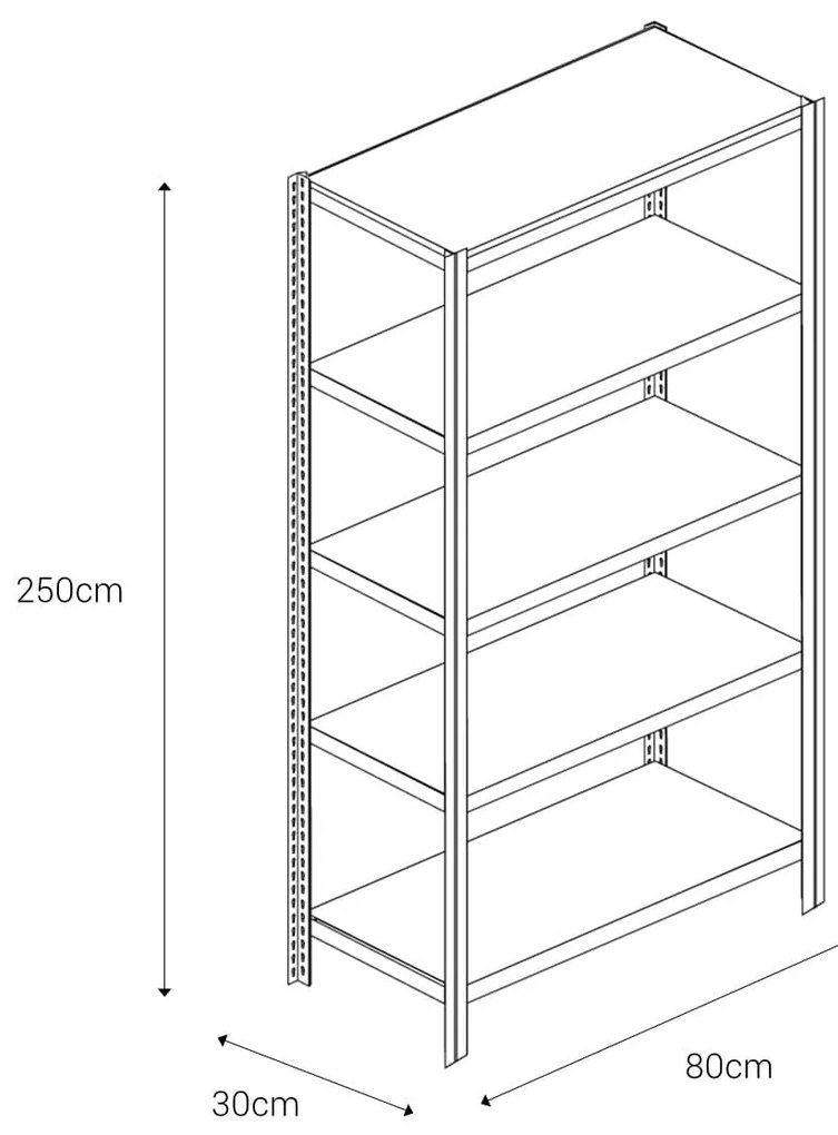 Bezskrutkový kovový regál 250x80x30cm T profil, 5 políc