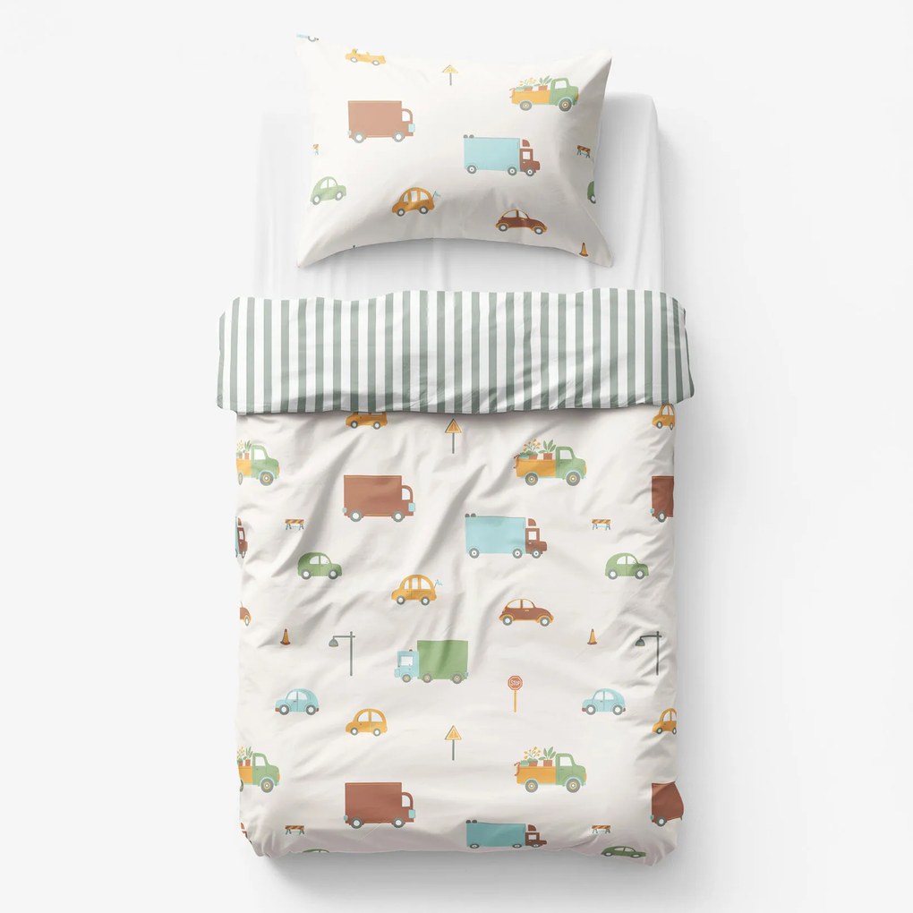 Goldea detské bavlnené obliečky - svet autíčok so šalviovo zelenými prúžkami 140 x 200 a 70 x 90 cm
