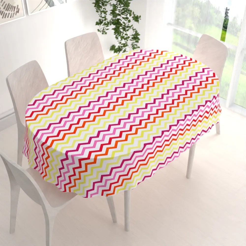 Biante Bavlnený oválny obrus Sandra SA-379 Žlto-ružovo-červené cik-cak pásiky 120x200 cm