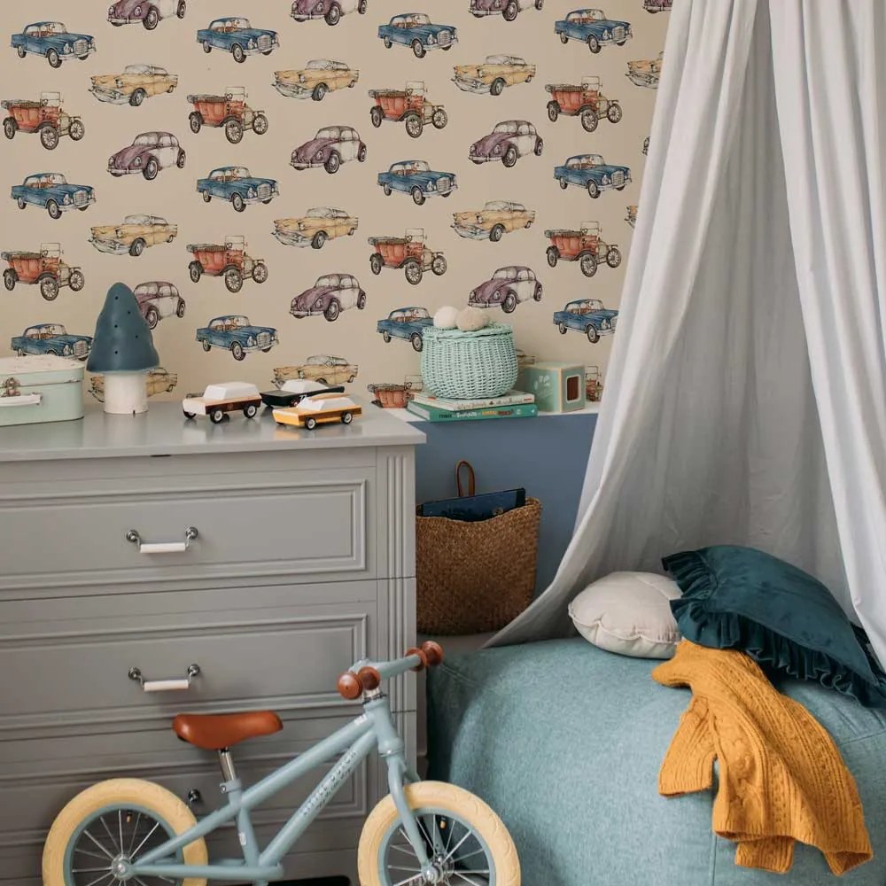 Tapeta auta béžová / priemyselný vývoj 280×50 cm