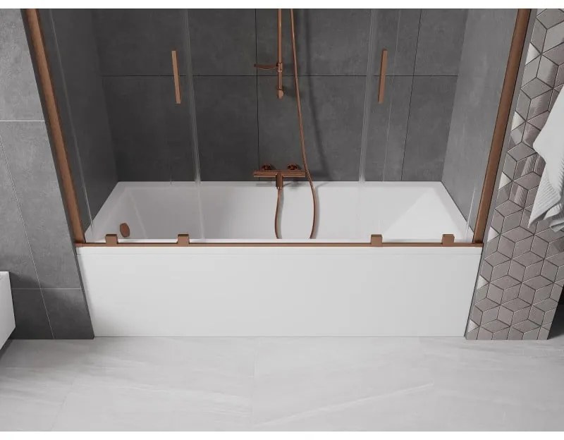 Mexen Velar Duo, vaňová zástena 2-krídlová s posuvnými dverami 190 x 150 cm, 8mm číre sklo, medený matný profil, 896-190-000-02-65