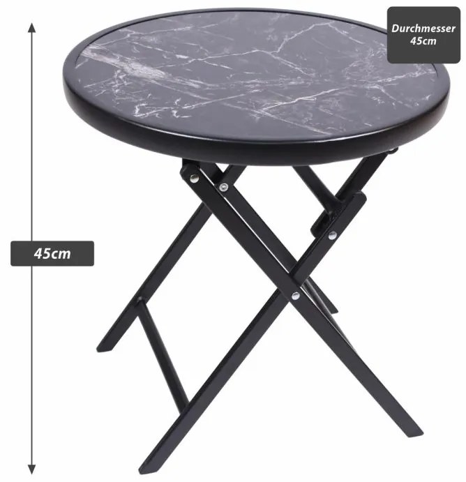 Záhradný bistro stolík, skladací, Ø 45 cm, čierny mramor