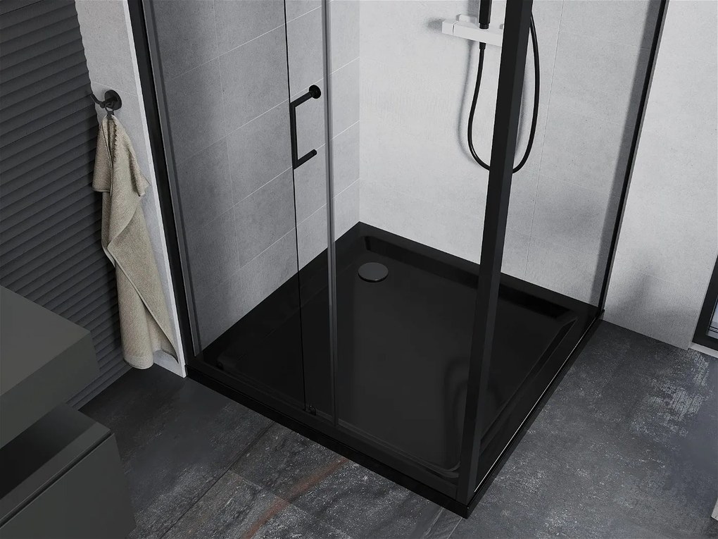 Mexen Apia sprchovací kút s posuvnými dverami 100 (dvere) x 100 (stena) cm, 5mm číre sklo, čierny profil + čierna sprchová vanička s čiernym sifónom, 840-100-100-70-00-4070B
