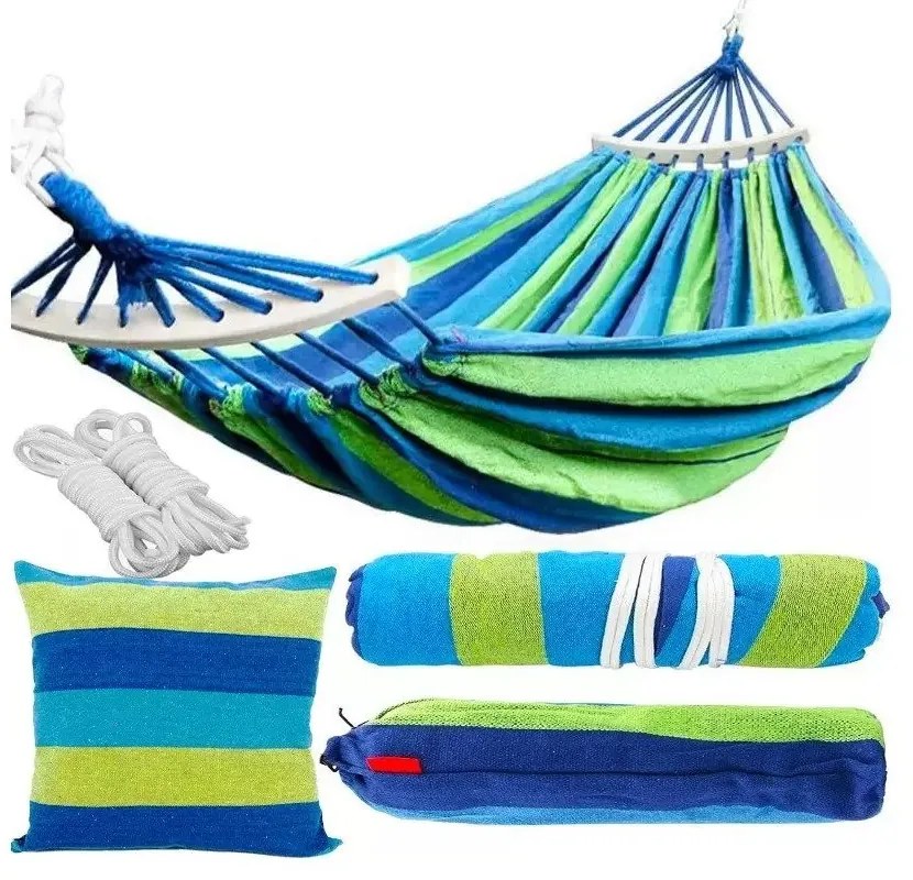 Modro-zelená hojdacia sieť s vankúšom HAMAK pre 2 osoby 260x150 cm