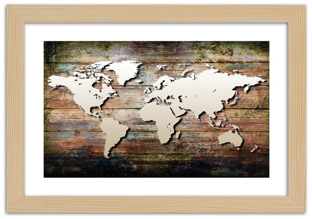 Gario Plagát Mapa sveta na starých doskách Farba rámu: Bez rámu, Rozmery: 45 x 30 cm