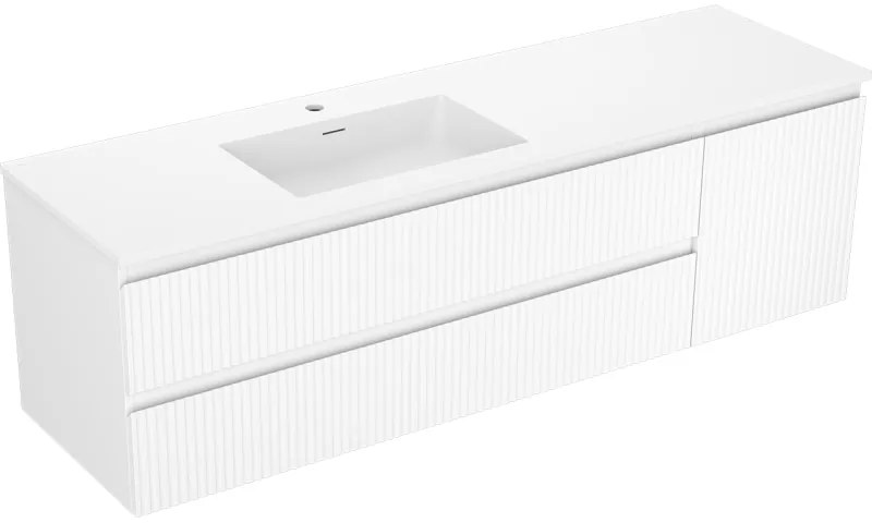 Mexen Rivel, kúpeľňová skrinka 160 cm s ľavým umývadlom Otis, 2S, 1D, drážkovaná, biela matná, 91A23-16047-3-BBFFF01-W18L01
